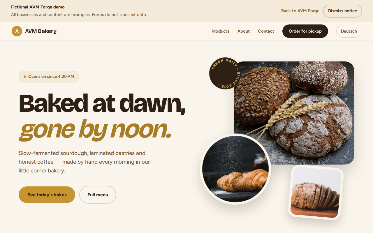 Functional bakery demo homepage with navigation and sample sections
