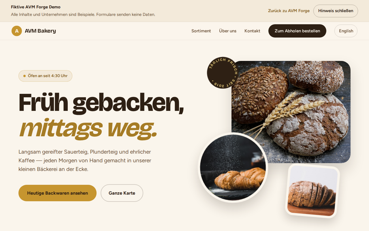 Funktionale Bäckerei-Demo mit Navigation und Beispielbereichen