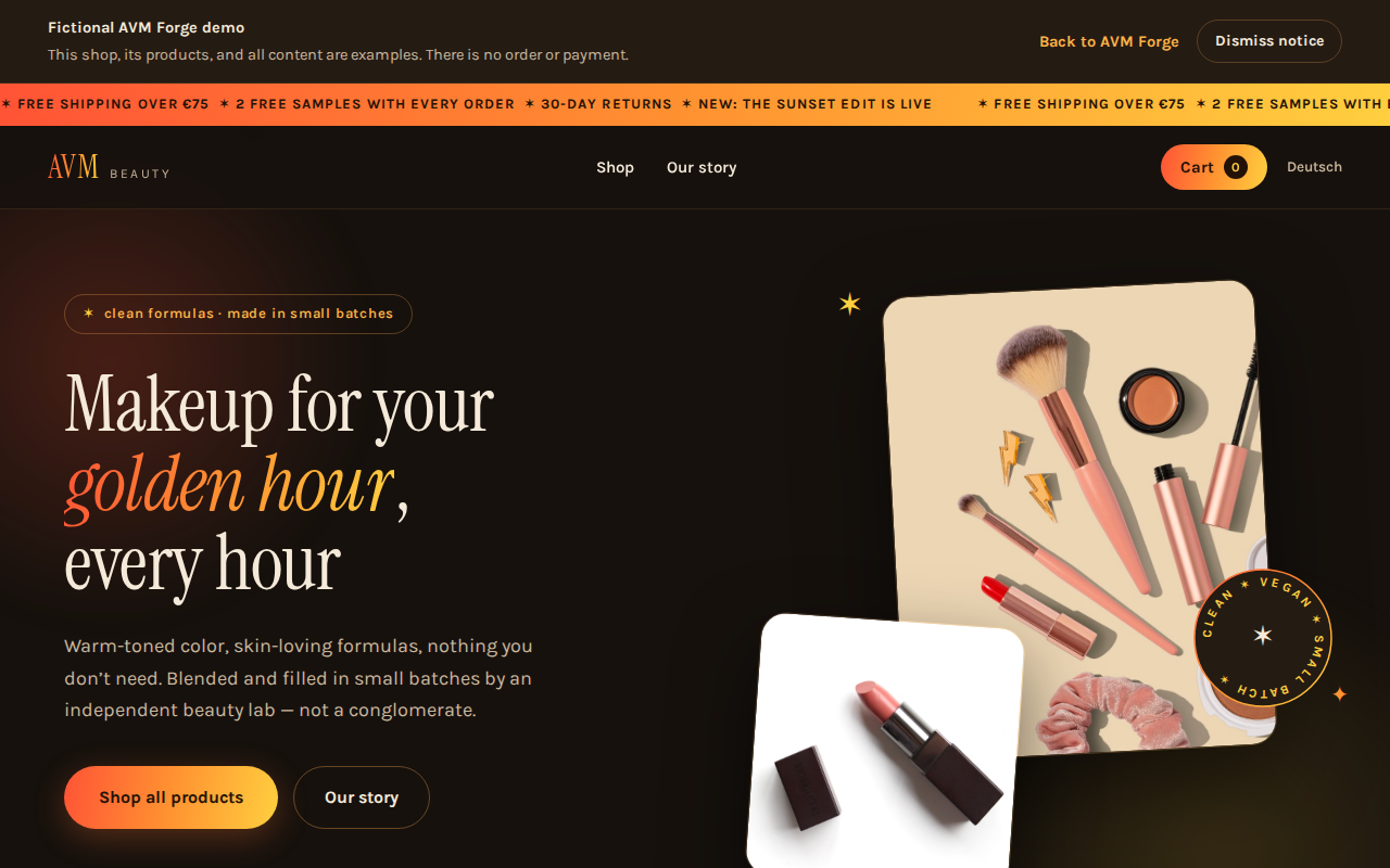 Functional beauty shop demo homepage with product grid and cart drawer