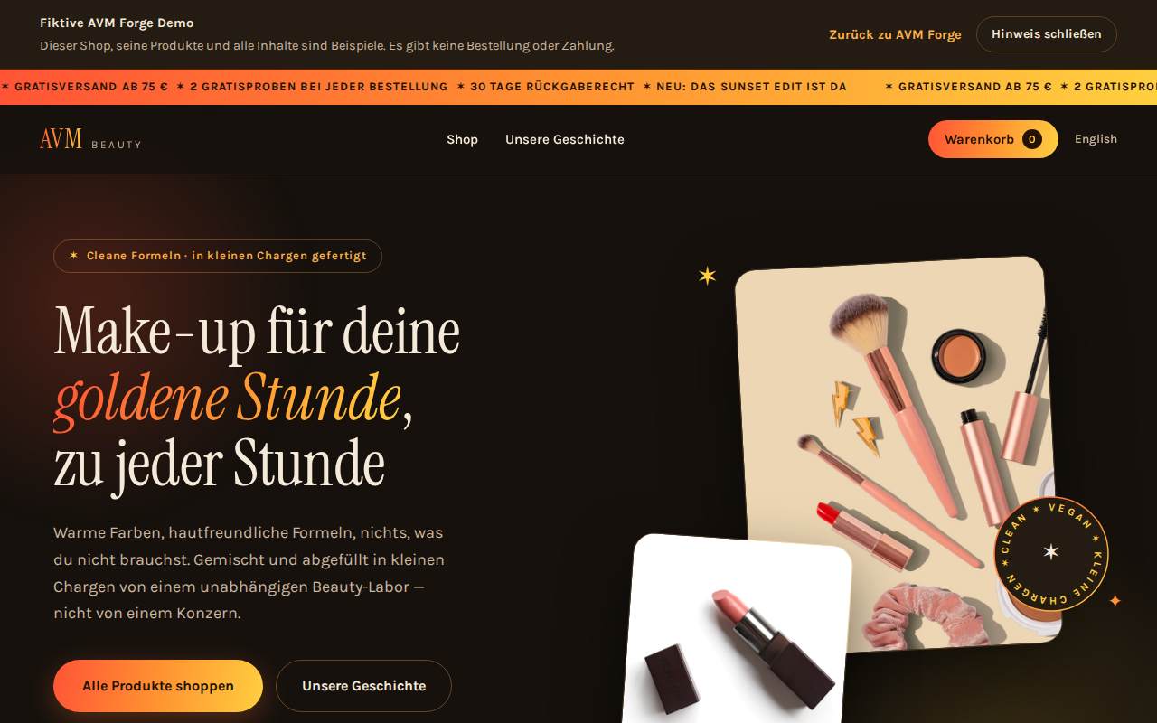 Funktionale Beauty-Webshop-Demo mit Produktkatalog und Warenkorb