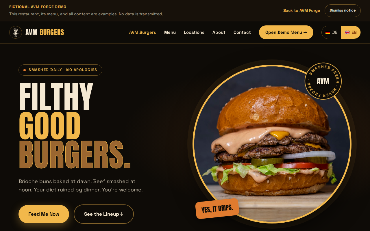 Functional burger restaurant demo homepage with navigation and sample sections