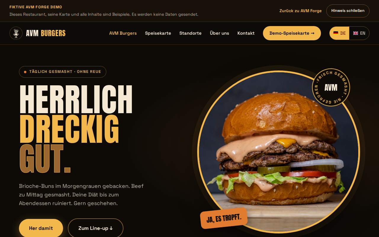 Funktionale Burger-Restaurant-Demo mit Navigation und Beispielbereichen
