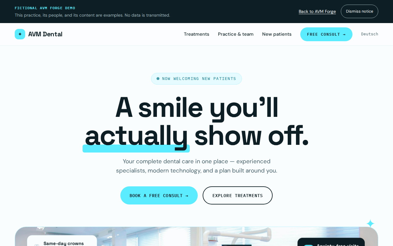 Dental clinic demo homepage with cyan hero, treatment grid, and appointment form