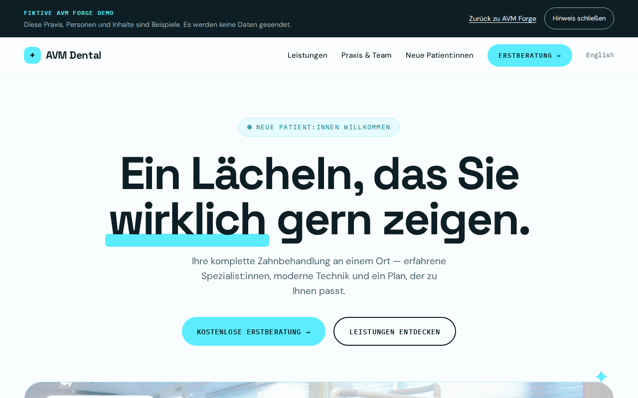 Funktionale Zahnarztpraxis-Demo mit Navigation und Beispielbereichen